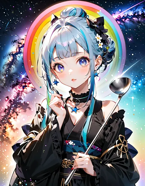 1girl,pretty face、Babyface、the cutest girl in the world、(((Eyes are big and cute )))、(((Best Details、Best Composition、top quality、Supreme Masterpiece、Super Detailed、high definition、HHD、16k、CG、posters、Vtuber,character design)))、starの妖精、(((Gothic ta Kimono R...