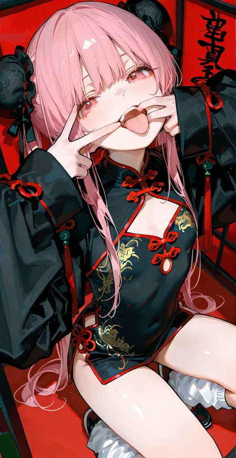 short skirt, flat chest, clothed, covered body, tight clothes, cropped clothes, oversized longsleeve, loose socks, medium breasts, long hair, detailed clothes decoration, Chinese dress, black clothes, squatting, spread mouth, tongue, from above, looking at...