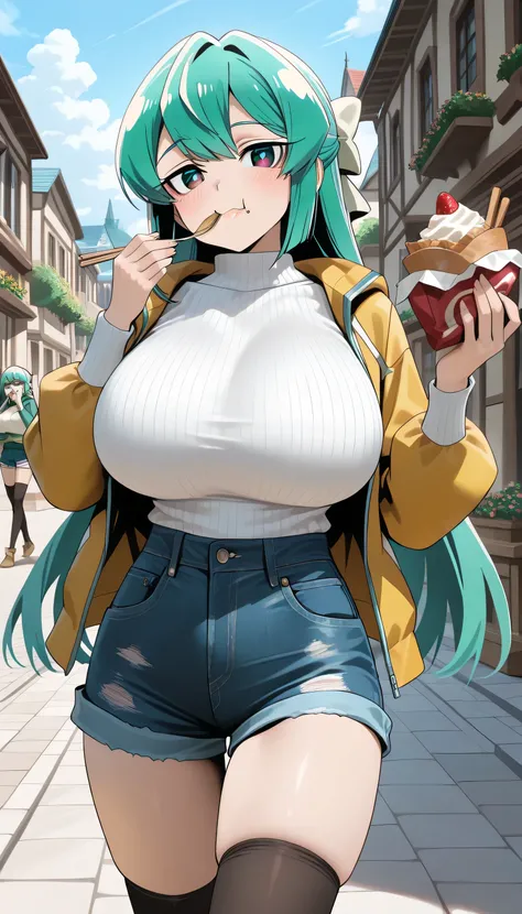 ( best quality , 8k , masterpiece , incredibly absurdres , beautiful woman , perfect body , super detailed skin , highly detailed eyes and face ) , 1 person , mahou shoujo ni akogarete magiaazul , green_hair,long_hair , swept bangs , bright pupils , half u...