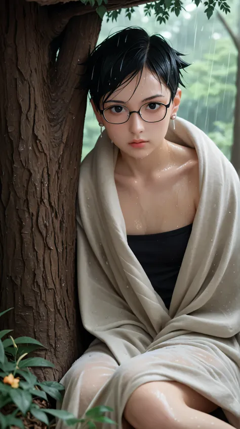 1girl, solo,sarada uchiha,black eyes,black hair,undercut hair,outdoors,potrait,small breast,wearing glasses,forest,heavy rain backround,(wear blanket:1.5),earings,earings,(sitting under tree:1.5),(wet body:1.4)