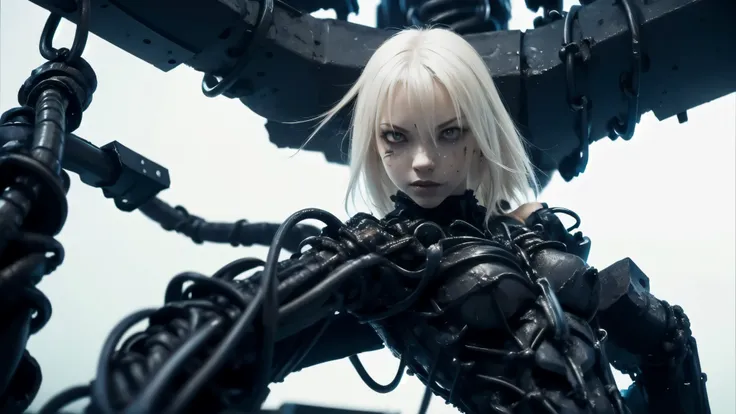 medium shot, 50mm lens, focused on upper body, a biomechanical female figure with only the upper body remainin,solo,blame, tsutomu nihei, by tsutomu nihei,movie, cibo, GBE,1girl ,ova, long hair, Platinum blonde hair,a disturbing biomechanical female figure...