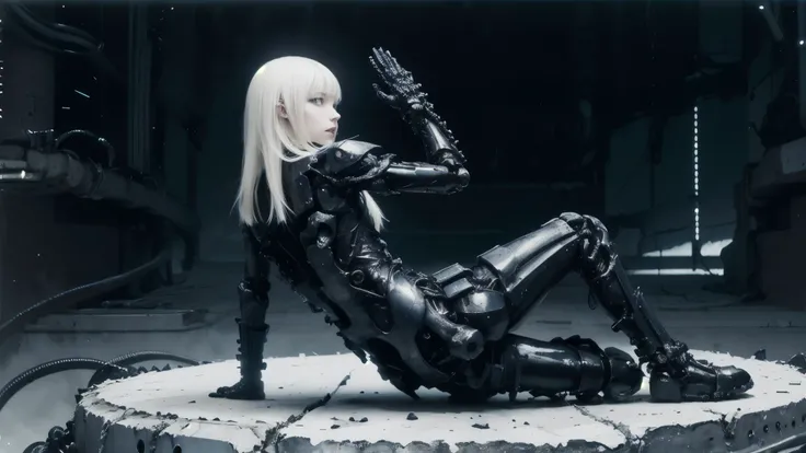 solo,blame, tsutomu nihei, by tsutomu nihei,movie, cibo, GBE,1girl ,ova, long hair, Platinum blonde hair,cybernetic female android, emotionless pale face, white long straight hair with blunt bangs, wearing black mechanical bodysuit with armored plating and...