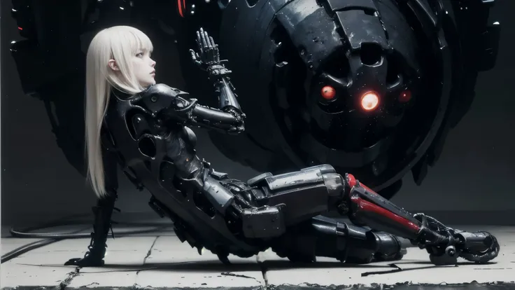 solo,blame, tsutomu nihei, by tsutomu nihei,movie, cibo, GBE,1girl ,ova, long hair, Platinum blonde hair,cybernetic female android, emotionless pale face, white long straight hair with blunt bangs, wearing black mechanical bodysuit with armored plating and...
