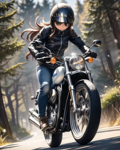 ((( Masterpiece:1.3, Best Quality, hight resolution, nffsw, Perfect Pixel,  4K, nffsw, nffsw))), 1girl in, Off-road motorcycle driving on spring country roads、18-year-old girl、jet helmet、((December scenery, white Christmas, softly falling snow, she drives ...