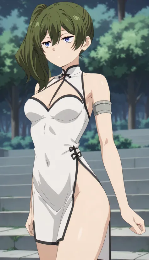 masterpiece, best quality, delicate illustration, ultra detailed skin, ubel, (1girl:1.2), solo, tan, medium hair, hair between eyes, green hair, side ponytail, purple eyes, medium breasts, (white china dress), (no bra:1.0), (nipple:0.5), (no panties:1.0), ...