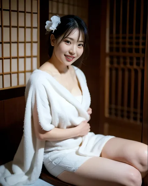 beautiful脚, stockings, ultra  details, masterpiece, top quality, beautiful,  details, solos, Charming smile, sexy lips , One Girl, brown eyes,   Silver Hair, sexy pose, big , low hair ring, open legs, sitting, Housewife,  towel for a ryokan guest room, Hot...