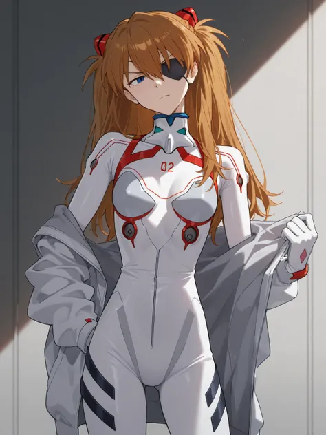 asuka langley, eyepatch,removing jacket, white eva suit, head tilt, hand on pocket, annoyed face