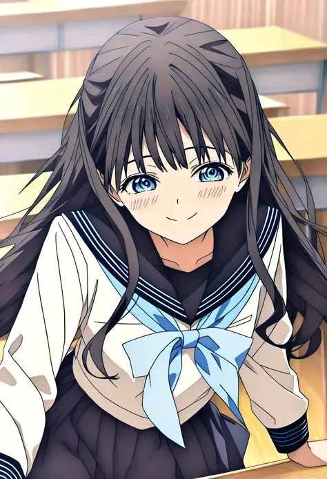 ((Highest quality)), ((masterpiece)), (detailed: 1.4),Anatomical, Award-winning concept art, beautiful, The finer details, score_9, score_8_up, score_7_up, source_anime, komichiakebi,  komichi akebi, long hair, bangs, blue eyes, black hair, shirt, long sle...