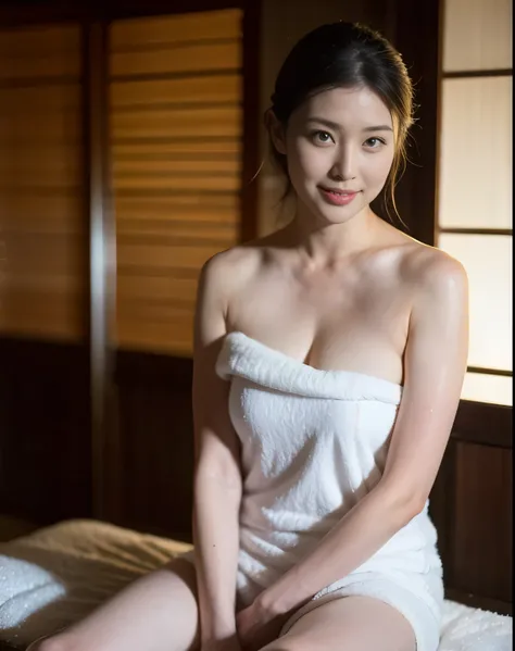 beautiful脚, stockings, ultra  details, masterpiece, top quality, beautiful,  details, solos, Charming smile, sexy lips , One Girl, brown eyes,   Silver Hair, sexy pose, big , low hair ring, open legs, sitting, Housewife,  towel for a ryokan guest room, Hot...