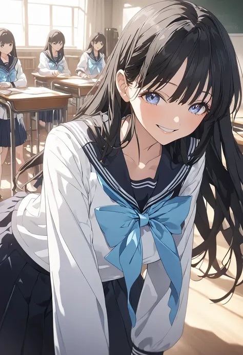((Highest quality)), ((masterpiece)), (detailed: 1.4),Anatomical, Award-winning concept art, beautiful, The finer details, score_9, score_8_up, score_7_up, source_anime, komichiakebi, komichi akebi, long hair, bangs, blue eyes, black hair, shirt, long slee...