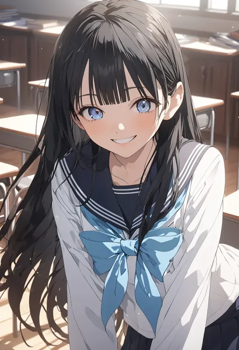 ((Highest quality)), ((masterpiece)), (detailed: 1.4),Anatomical, Award-winning concept art, beautiful, The finer details, score_9, score_8_up, score_7_up, source_anime, komichiakebi, komichi akebi, long hair, bangs, blue eyes, black hair, shirt, long slee...
