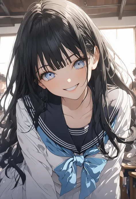 ((Highest quality)), ((masterpiece)), (detailed: 1.4),Anatomical, Award-winning concept art, beautiful, The finer details, score_9, score_8_up, score_7_up, source_anime, komichiakebi, komichi akebi, long hair, bangs, blue eyes, black hair, shirt, long slee...