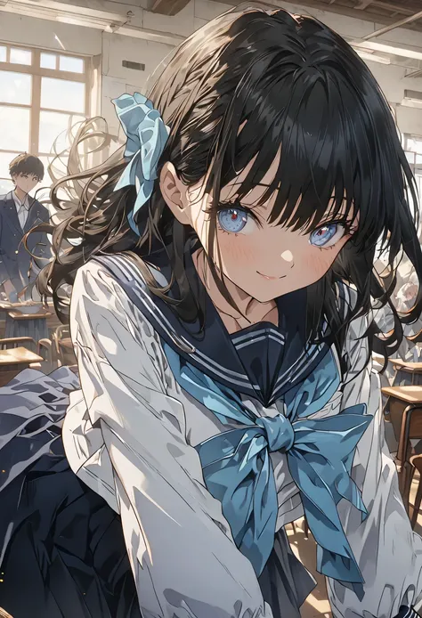 ((Highest quality)), ((masterpiece)), (detailed: 1.4),Anatomical, Award-winning concept art, beautiful, The finer details, score_9, score_8_up, score_7_up, source_anime, komichiakebi, komichi akebi, long hair, bangs, blue eyes, black hair, shirt, long slee...