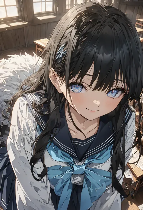 ((Highest quality)), ((masterpiece)), (detailed: 1.4),Anatomical, Award-winning concept art, beautiful, The finer details, score_9, score_8_up, score_7_up, source_anime, komichiakebi, komichi akebi, long hair, bangs, blue eyes, black hair, shirt, long slee...