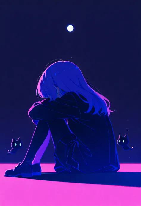 A anime girl with long magenta hair sits curled up, facing away with her arms hugging her knees. A small, cute black creature with big round eyes looks at her curiously. Their shadows on the ground form a playful cat shape, adding a touch of whimsy to the ...