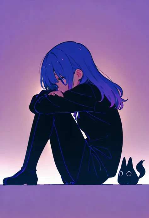 A anime girl with long magenta hair sits curled up, facing away with her arms hugging her knees. A small, cute black creature with big round eyes looks at her curiously. Their shadows on the ground form a playful cat shape, adding a touch of whimsy to the ...