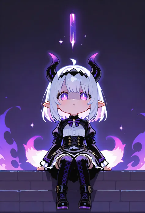 "A chibi-style dark fantasy demon girl with long white hair and large, expressive purple eyes, sitting in a dark void. She has cute but menacing black demon horns, bat-like ears, and glowing purple clawed tails wrapping around her. She's wearing a dark, go...