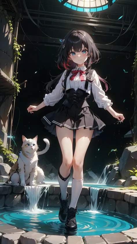 full body、Down to the tips of your toes、 bass、1 girl playing with a cat、Smiling、Blue Eyes、greenの髪、straight long、 Slim、white shirt、 BLACK CORSET VEST、emblems with super detailed characteristics is playing the bass、black mini pleated skirt with super detaile...
