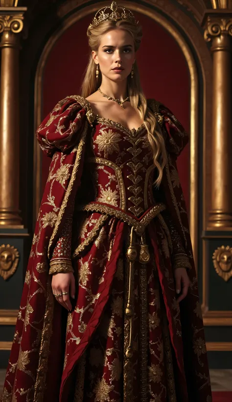 Kelly Preston as Cersei Lannister, Game of Thrones, ohwx, regal queen, standing, grand medieval throne room, intricately embroidered deep red gown with golden accents, stern and commanding expression, nobility and power, long blonde hair braided elegantly,...