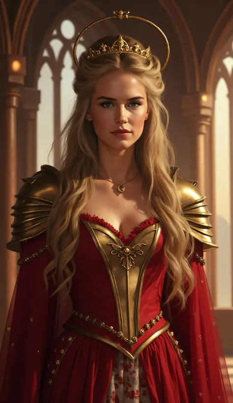 Kelly Preston as Cersei Lannister, Game of Thrones, fantasy queen, long flowing golden-blonde hair, radiant red gown with golden armor accents on shoulders and chest, serene confident expression, golden circlet crowns her head, royal status, softly lit, ma...