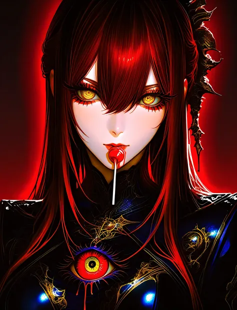 1 girl , golden eyes , very long hair , long sidelocks, red hair ,half updo, petite , very cute , beautiful ,Straight hair, cool, handsome, hair between eyes, sexy, medium breasts , surreal horror, glowing golden eyes, intense pink and red makeup with exag...
