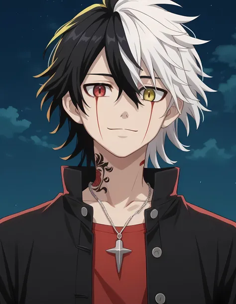 red eyes, neck tattoo