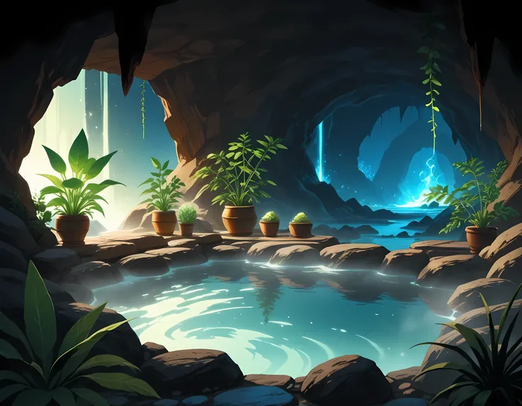  a hot spring in a cave with is steam rising from the spring, bioluminescent plants,  art by mooncryptowow