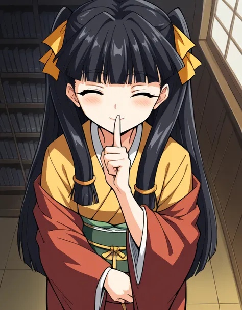 score_9, score_8_up, score_7_up, Source_Anime,  Kikukoreg, long hair, Bang, dark haired, ribbon, twin tails, hair ribbon, blunt Bang, Medium-sized chest, long sleeve,  kimono, Kimono,, Tower, tall, , Views, structure, ,  shushing, Place your finger on your...