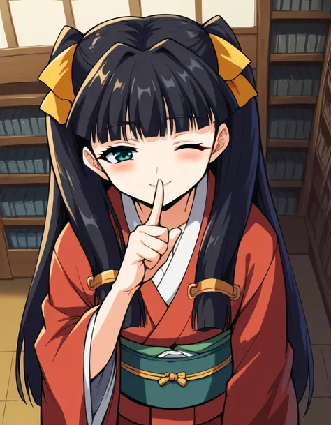 score_9, score_8_up, score_7_up, Source_Anime,  Kikukoreg, long hair, Bang, dark haired, ribbon, twin tails, hair ribbon, blunt Bang, Medium-sized chest, long sleeve,  kimono, Kimono,, Tower, tall, , Views, structure, ,  shushing, Place your finger on your...
