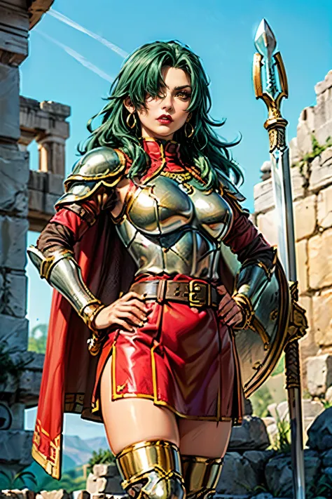 ((1girl, solo ,alone, long hair, green hair, yellow eyes, hair covering one eye, woman, (one hand on her hip) , dynamic pose, muscular female, gold bracelets, ruby earrings)), fitness, ((solo, (1woman, pink lipstick), Extremely detailed, ambient soft light...