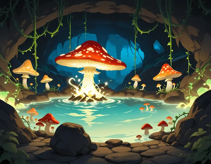 a hot spring in a cave with is steam rising from the spring, bioluminescent vines and mushrooms,  art by mooncryptowow