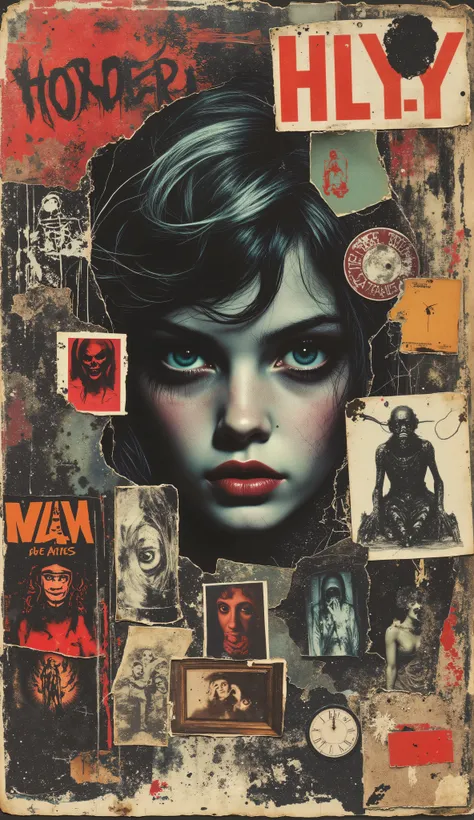 film(1929), directed by Luis Buñuel, Surreal retro collage artwork composed of cutouts from vintage horror magazines, chaotic and rebellious composition, torn paper textures, bold pop colors, absurd juxtapositions, sinister nostalgic aesthetic. Hidden with...