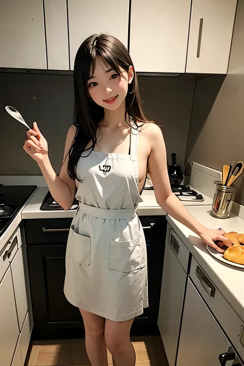 22 year old Japanese female, beautiful, attractive, in apartment kitchen, brown eyes, cooking, only wearing apron, naked, short height to viewer, 5 feet 2 inches tall, smiling