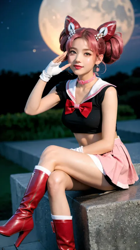 solo, outdoors, smile, pose, hand up, salute,    1girl, pink hair, twintails, cone hair bun, double bun, red eyes, earrings, hair ornament, tiara, red bow, heart brooch, , brooch, choker, elbow gloves, heart choker, magical girl, multicolored clothes, mult...