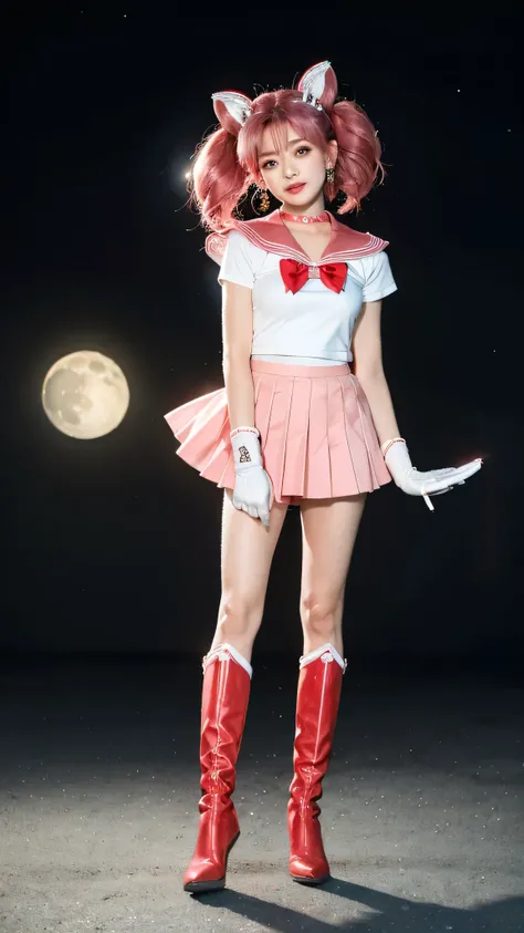 solo, outdoors, smile, modeling,    1girl, pink hair, twintails, cone hair bun, double bun, red eyes, earrings, hair ornament, tiara, red bow, heart brooch, , brooch, choker, elbow gloves, heart choker, magical girl, multicolored clothes, multicolored plea...