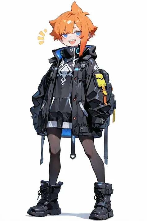、high quality、、 womanhood,  Shortcut,   、  stupid hair、black pantyhose  、double teeth、solo、thick soled boots、 asymmetrical hair 、boy style cyberpunk costume、    、white background、standing、detailed depiction、4K、8k、EXTREME DETAIL、HDR、ultra high resolution、、非...