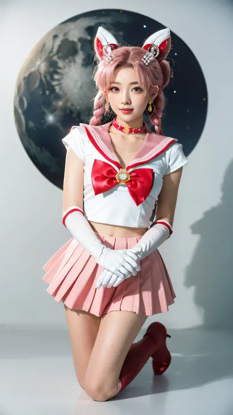 solo, outdoors, smile, modeling,    1girl, pink hair, twintails, cone hair bun, double bun, red eyes, earrings, hair ornament, tiara, red bow, heart brooch, , brooch, choker, elbow gloves, heart choker, magical girl, multicolored clothes, multicolored plea...