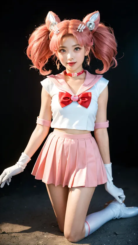 solo, outdoors, smile, modeling,    1girl, pink hair, twintails, cone hair bun, double bun, red eyes, earrings, hair ornament, tiara, red bow, heart brooch, , brooch, choker, elbow gloves, heart choker, magical girl, multicolored clothes, multicolored plea...