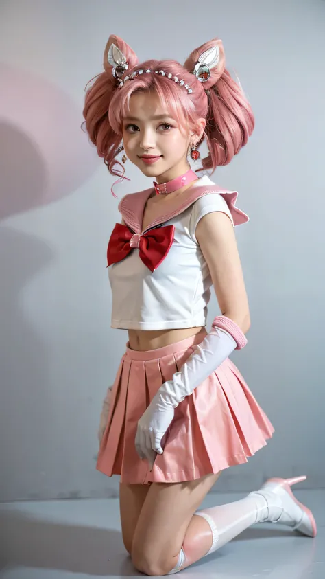 solo, outdoors, smile, modeling, 1girl, pink hair, twintails, cone hair bun, double bun, red eyes, earrings, hair ornament, tiara, red bow, heart brooch, , brooch, choker, elbow gloves, heart choker, magical girl, multicolored clothes, multicolored plea...