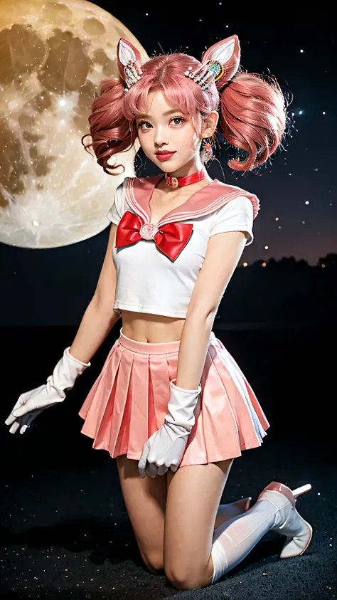 solo, outdoors, smile, modeling,    1girl, pink hair, twintails, cone hair bun, double bun, red eyes, earrings, hair ornament, tiara, red bow, heart brooch, , brooch, choker, elbow gloves, heart choker, magical girl, multicolored clothes, multicolored plea...