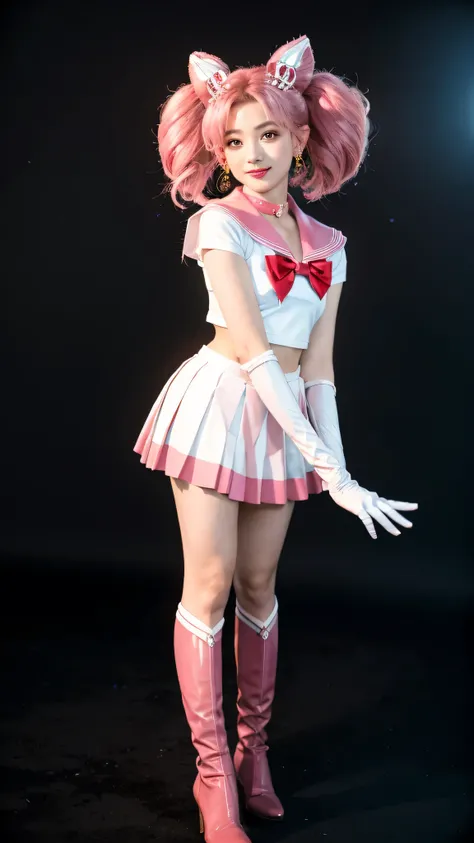 solo, outdoors, smile, modeling,    1girl, pink hair, twintails, cone hair bun, double bun, red eyes, earrings, hair ornament, tiara, red bow, heart brooch, , brooch, choker, elbow gloves, heart choker, magical girl, multicolored clothes, multicolored plea...