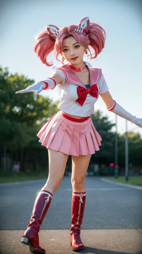solo, outdoors, smile, modeling,    1girl, pink hair, twintails, cone hair bun, double bun, red eyes, earrings, hair ornament, tiara, red bow, heart brooch, , brooch, choker, elbow gloves, heart choker, magical girl, multicolored clothes, multicolored plea...