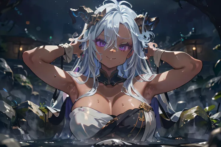 (Relax Pose: 1.2), ((close up head)), (upper body:1.2),
 Natural hot springs in the dungeon, broken stone pavement, hot water gushing out of the walls, moss, weeds, 
magic lights on the walls, dim, stonework walls,(steam:1.2),(immerse:1.4),(take a bath:1.2...
