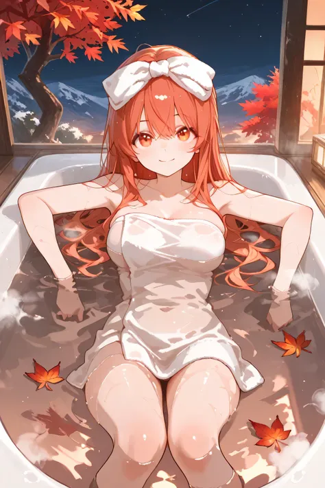 Highest Quality、anime style、at a mountain hot spring where autumn leaves are colored、A beautiful Japanese-style girl taking an open-air bath wrapped in steam。
autumn leaves float on the surface of the bathtub、A maple tree dyed red or orange in the backgrou...