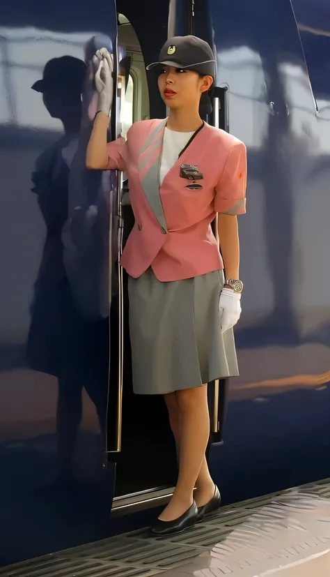 (masterpiece:1.2, Highest Quality:1.2), 32kHDR, portai , (Alone、 1 girl on holiday)、( Daytime Home Backdrop 、 professional lighting)、 Facing the roof of the building 、( Nankai Electric Railway crew uniform pink authentic style )、(( Nankai Densha crew unif...