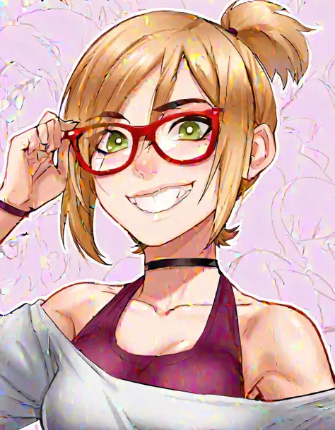 <lora:DarcyIllustrious1.0JLFO:1> darcy, glasses, 1girl, red-framed eyewear,short ponytail, short hair, blonde hair, teeth, breasts, smile, choker, green eyes, small breasts, looking at viewer, shirt, off shoulder,