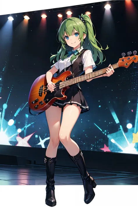 high quality　anatomically accurate　girls　cute　Green Hair、Straight Long Hair　 Beautiful blue eyes　Smiling　 white short sleeve shirt、black corset vest that fits all within the screen、black pleated mini skirt、black high thigh socks、black short boots、Playing t...