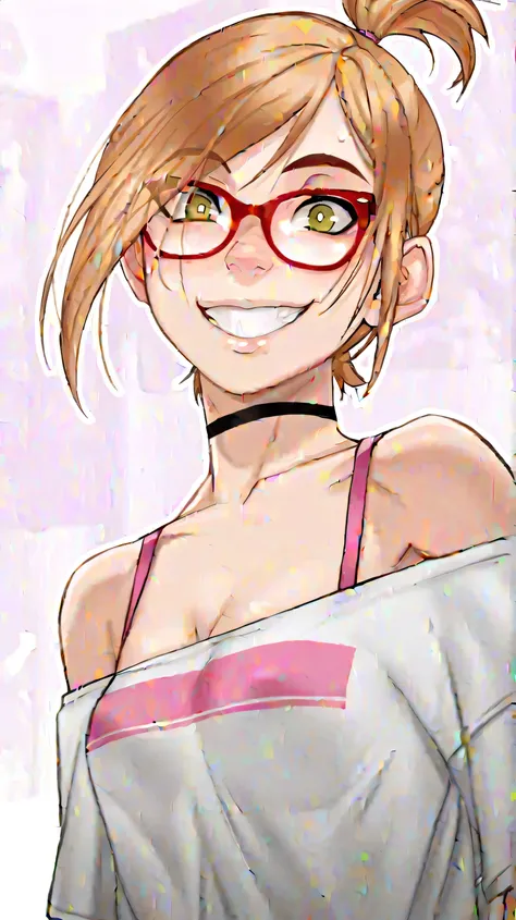  Darcy , glasses, 1 girl, glasses в красной оправе, short tail, short hair, blonde hair, teeth,  chest, smile, choker, green eyes, small  chest, looks at the viewer, shirt, lowered shoulder,