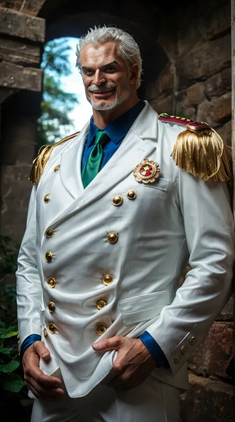 score_9, score_8_up, score_7_up, source_anime, detailed, wallpaper, beautiful details, 1 man, monkey d garp, one piece, ultra realistic, realistic style, A muscular and imposing elderly man with a square jaw and short white hair, thick eyebrows, and a conf...