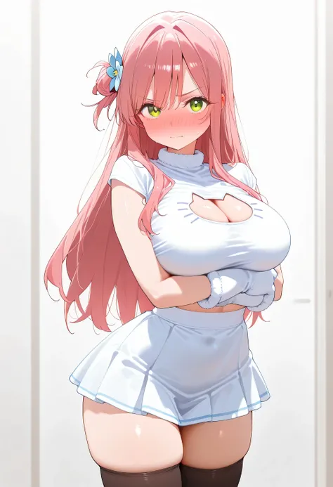 (masterpiece) ,best quality,amazing quality,very aesthetic,absurdres,newest, Hahari Hanazono (The 100 Girlfriends Who Really, Really, Really, Really, Really Love You),,black thigh-highs,, 1girl, long hair, bangs, green eyes, pink hair, flower, hair flower,...